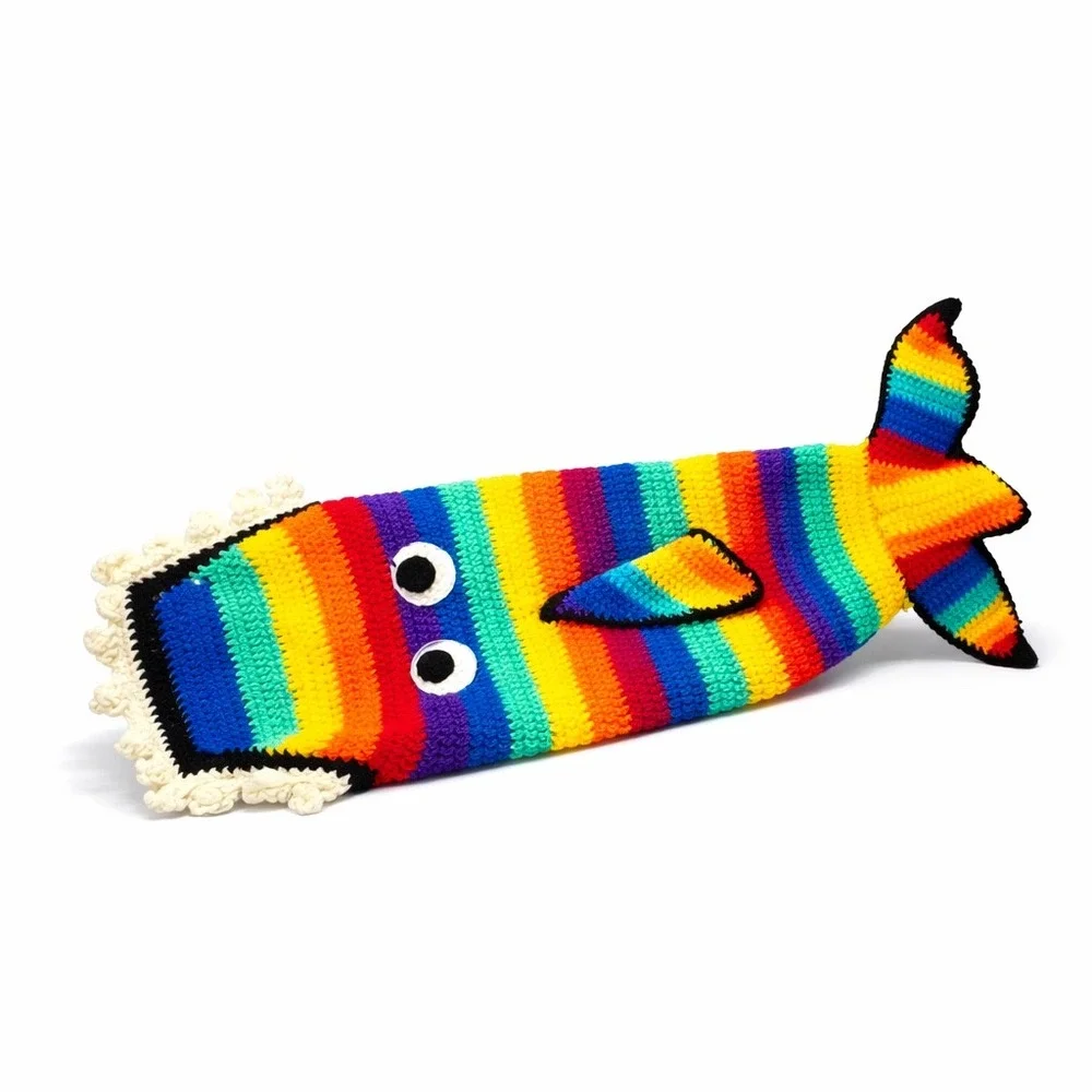 Handmade Hand Knit Rainbow Smiling Shark or Whale Tail Blanket Cocoon 70x20